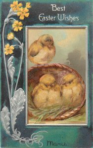 Embossed Easter Postcard Glass Beaded Chicks in Basket PFB 6788