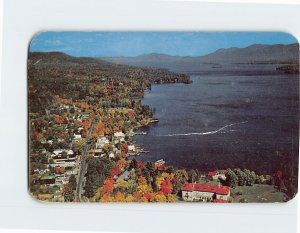 Postcard Aerial view looking north from Lake George Village Lake George NY USA