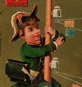 A L'Enfant Gate Trade Card French Victorian Young Man Climbing Telephone Pole 