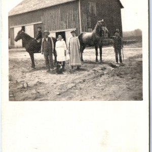 c1900s Family w/ Horses on Farm RPPC Barn Women Cute Dog Real Photo PC A135