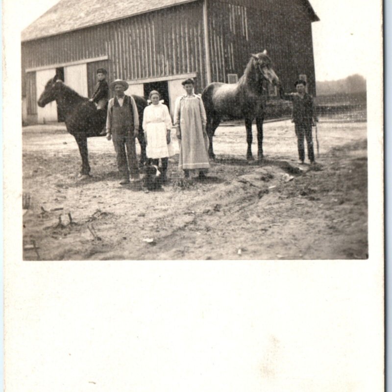 c1900s Family w/ Horses on Farm RPPC Barn Women Cute Dog Real Photo PC A135