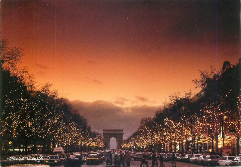 Postcard Europe France Champs Elysees by night Arc de triomphe