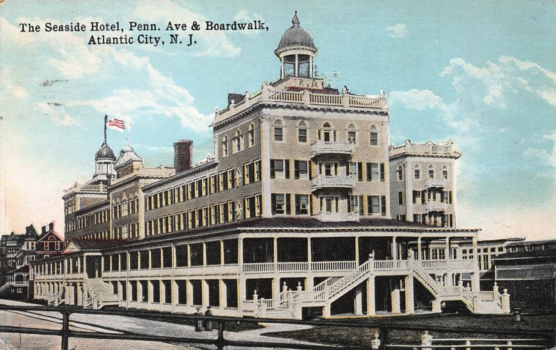 The Seaside Hotel, Penn. Ave. & Boardwalk, Atlantic City, Early Postcard, Used