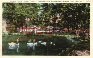 Vintage Postcard 1930's Happy Family Tabernacle In Background Winona Lake IND