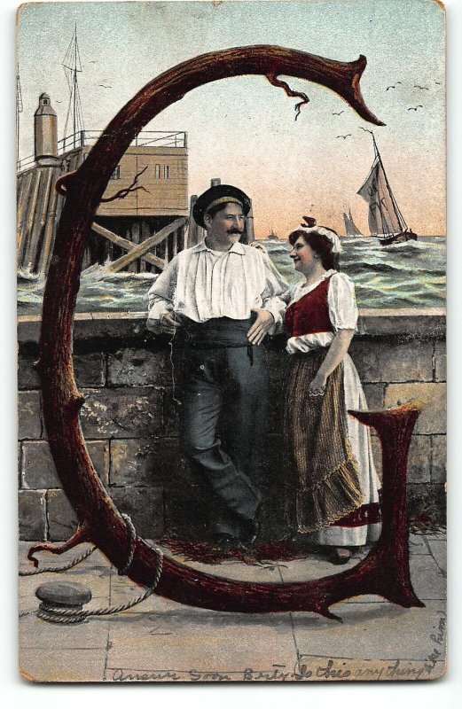 Alphabet E.L. Series 994 LETTER G - Romance By the Sea Wall - 1908 Postcard