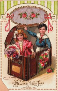 Happy New Year Children Sitting in a Coffin Vintage Postcard C243