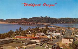 Waldport Oregon~Bridge Behind Motels~Texaco Gas Station~1960s Postcard 