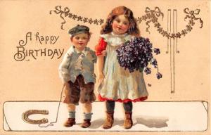 Birthday Greetings Boy Girl Flowers Horseshoe  Antique Postcard J48830