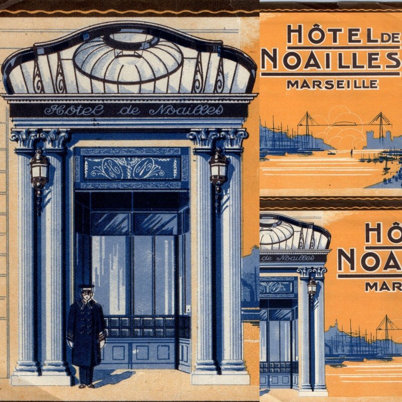 x3 LOT c1930s Marseille, France Luggage Label Hotel de Noailles Art Deco 5D