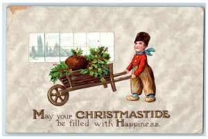 c1910's Christmas Dutch Boy Pulling Cart Holly Berries Embossed Antique Postcard