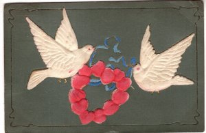 Shiny Felt Doves with Felt Hearts, Fancy Vintage Romantic, Used 1908