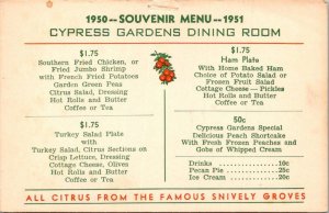 Florida Cypress Gardens 1951 Menu Card