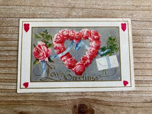 Love's Greetings, Rose Heart, Valentine, Used, Antique Postcard