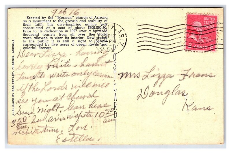 Postcard The Latter Day Saints (Morman) Temple Mesa Arizona c1954 Postmark