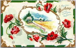 1910 Birthday Greetings Scene of Wheat Field Bordered by Pretty Poppies Postcard