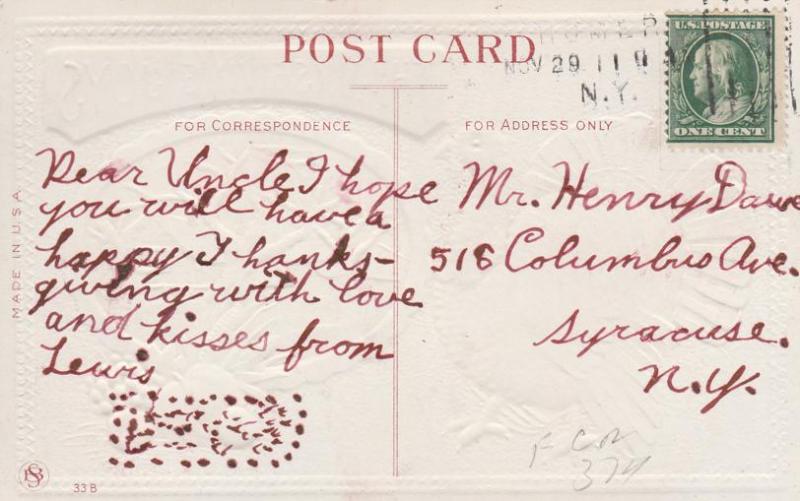 Thanksgiving Joys and Greetings from Homer NY, New York - pm 1911 - DB