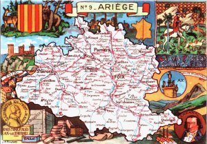 France Ariège... Pamiers, Foix, St. Girons Map Postcard BS.30