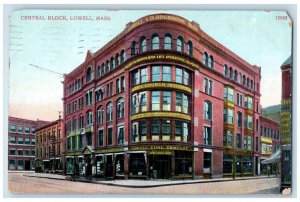 1912 Central Block Building Street View Lowell Massachusetts MA Antique Postcard