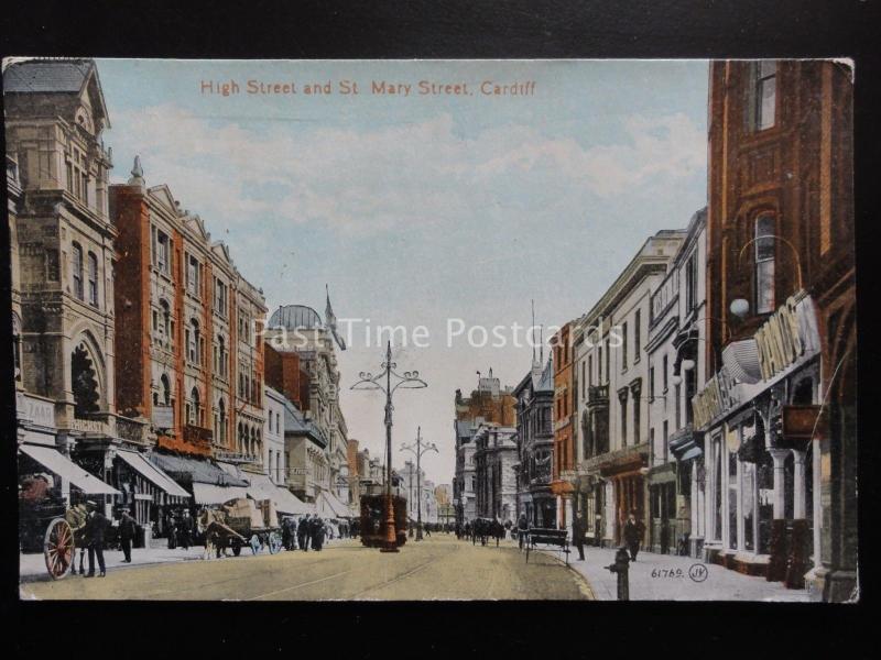 Glamorgan CARDIFF High Street & St. Mary Street TRAM & PIANO SHOP c1909 Postcard