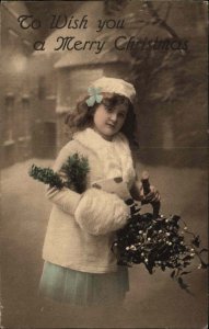 Christmas Cute Girl Children Mistletoe 1900s-20s Vintage Postcard