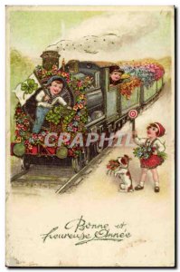 Old Postcard Fancy Happy New year (train)