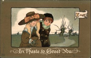 Christmas Little Boy and Girl with Mistletoe Pre-1910 Vintage Postcard