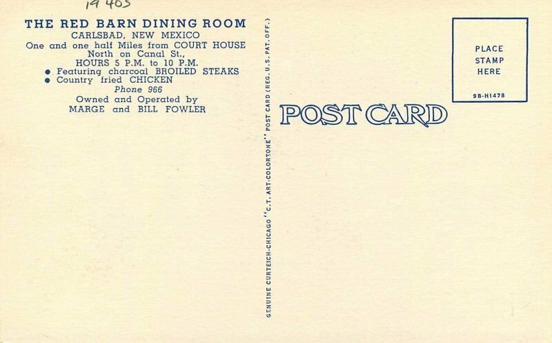 Carlsbad New Mexico 1940s Red Barn Dining Room Teich Photo Postcard 21-11129