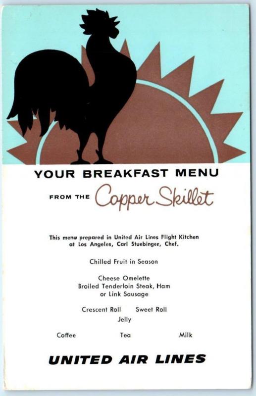 UNITED AIRLINES Air Lines   BREAKFAST MENU  Copper Skillet   c1950s  Postcard