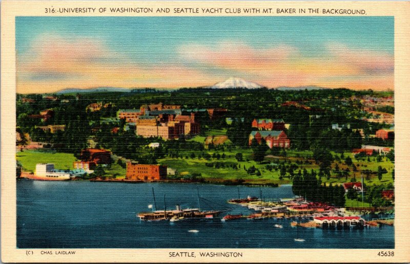 Vtg 1930s University of Washington Seattle Yacht Club Mt Baker WA Postcard