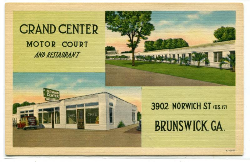 Grand Center Motor Court Motel Restaurant US 17 Brunswick Georgia linen postcard