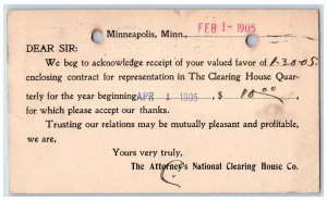 1905 Receipt for The Clearing House Quarterly Minneapolis MN Postal Card 