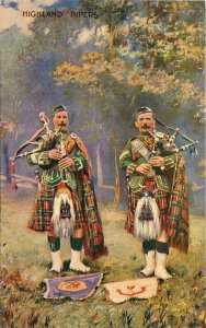 Bagpipes Highland Men Kilts 1920s Scotland UK Postcard Valentine 20-8476