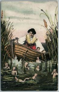 MULTIPLE BABIES SWIMMING ANTIQUE POSTCARD 