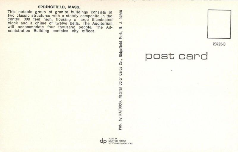 Springfield Massachusetts~Campanile~Auditorium~City Offices~1960s Postcard