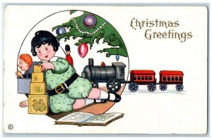 1918 Christmas Greetings Girl Blocks Train Toys Conception Junction MO Postcard