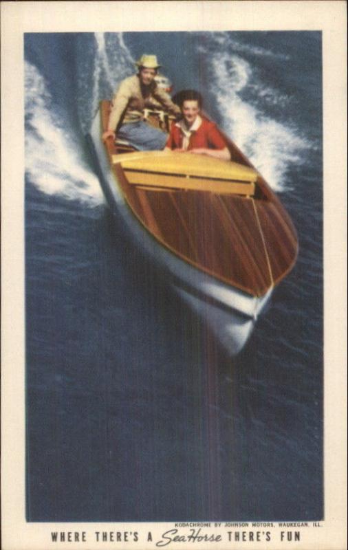 Johnson Sea Horse Boat Motors Mahogany Power Boat Adv Postcard