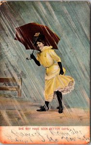 Woman Walking In Rain, She May Have Seen Better Days c1907 Vintage Postcard O48