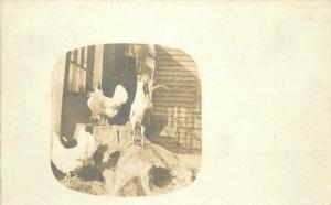 Backyard Chickens C-1910 Roosters on Stump RPPC Photo Postcard 909