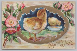Holiday~Easter~Chicks in Cracked Golden Egg~Wild Roses~Vintage Postcard 