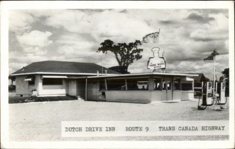 Trans Canada Highway Dutch Drive Inn & Gas Pumps Real Photo Postcard rpx