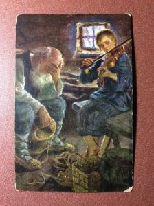 Tsarist Russia postcard 1915 Bogdanov - Belsky. Russian peasants Boy violin