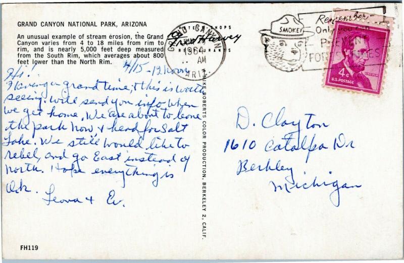 Fred Harvey Grand Canyon Arizona posted 1964 Smokey bear slogan cancel