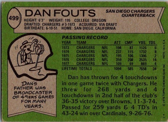 1978 Topps Football Card Dan Fouts San Diego Chargers sk7162
