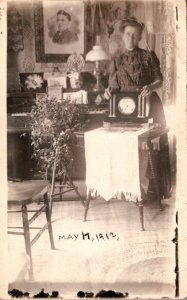 Lady Standing By Clock Wallace Brown Englewood Illinois Address On Back Real ...