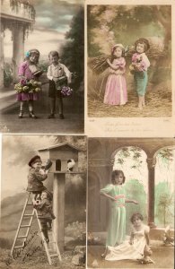 Couples of children, with flowers Lot of four (4) Old vintage French photo PC