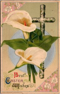 Vtg 1910s Best Easter Wishes Lilies Cross John Winsch Back Embossed Postcard