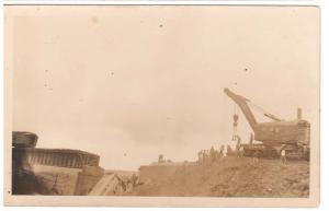 TRAIN WRECK CARS & STEAM DERRICK RUN OFF BRIDGE  c1920's REAL PHOTO POSTCARD