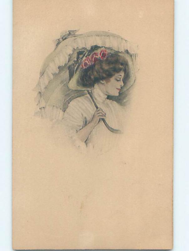 Pre-Linen art nouveau PRETTY WOMAN WALKING UNDER HER UMBRELLA HJ3911