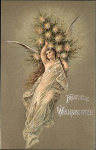 Christmas Angel Holds Tree German c1900s-10s Postcard