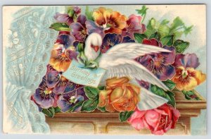 1910's BIRTHDAY GREETINGS WHITE DOVE PANSIES ROSES BEAUTIFUL EMBOSSED POSTCARD